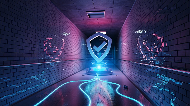 Blue and pink underground cyber security hologram with digital shield 3D rendering