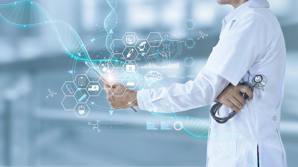 Medicine doctor holding electronic medical and record on tablet. DNA. Digital healthcare and network connection on hologram modern virtual screen interface, medical technology and futuristic concept.