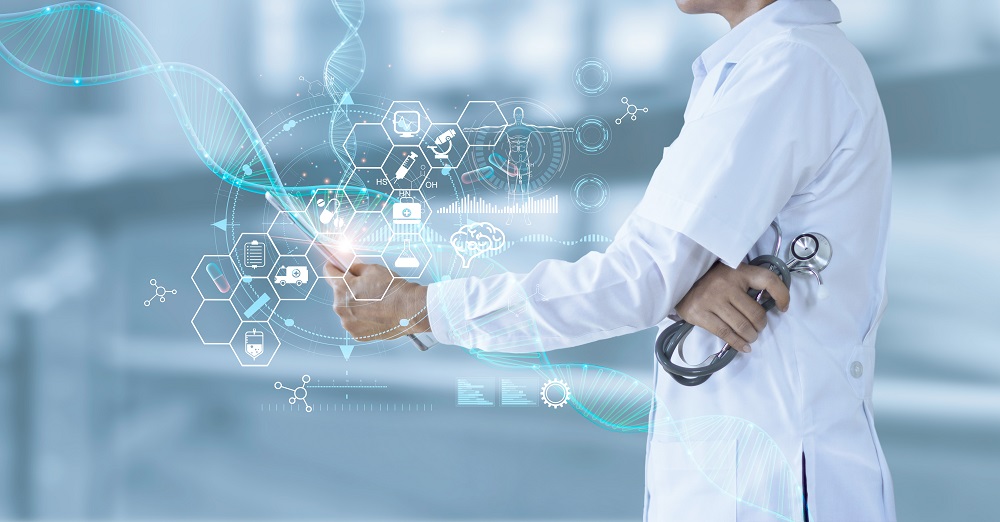 Medicine doctor holding electronic medical and record on tablet. DNA. Digital healthcare and network connection on hologram modern virtual screen interface, medical technology and futuristic concept.
