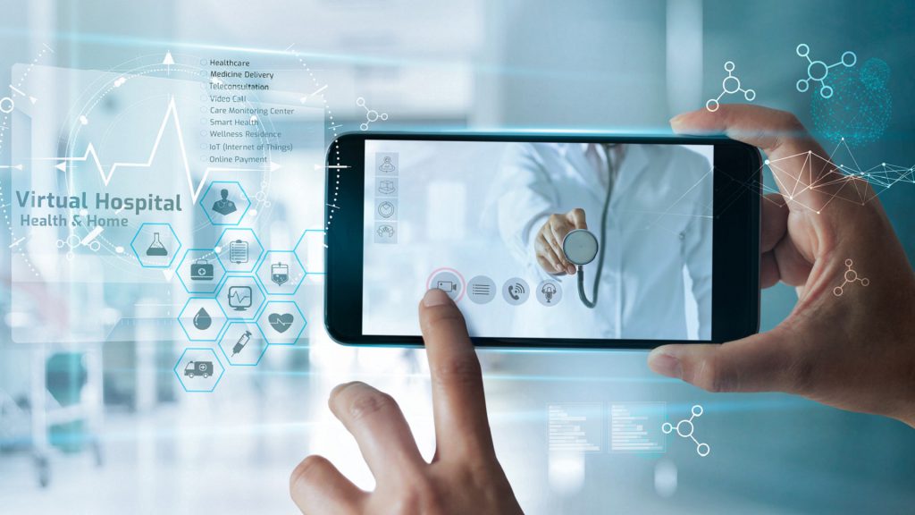 Doctor online, Virtual Hospital At Home, Online medical communication with patient on virtual interface and online consultation, checks and analysis health through the smartphone screen.